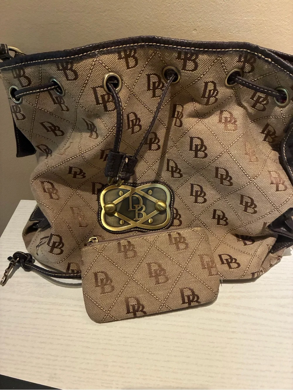 Dooney & Bourke Tan Monogram Drawstring Shoulder Bag